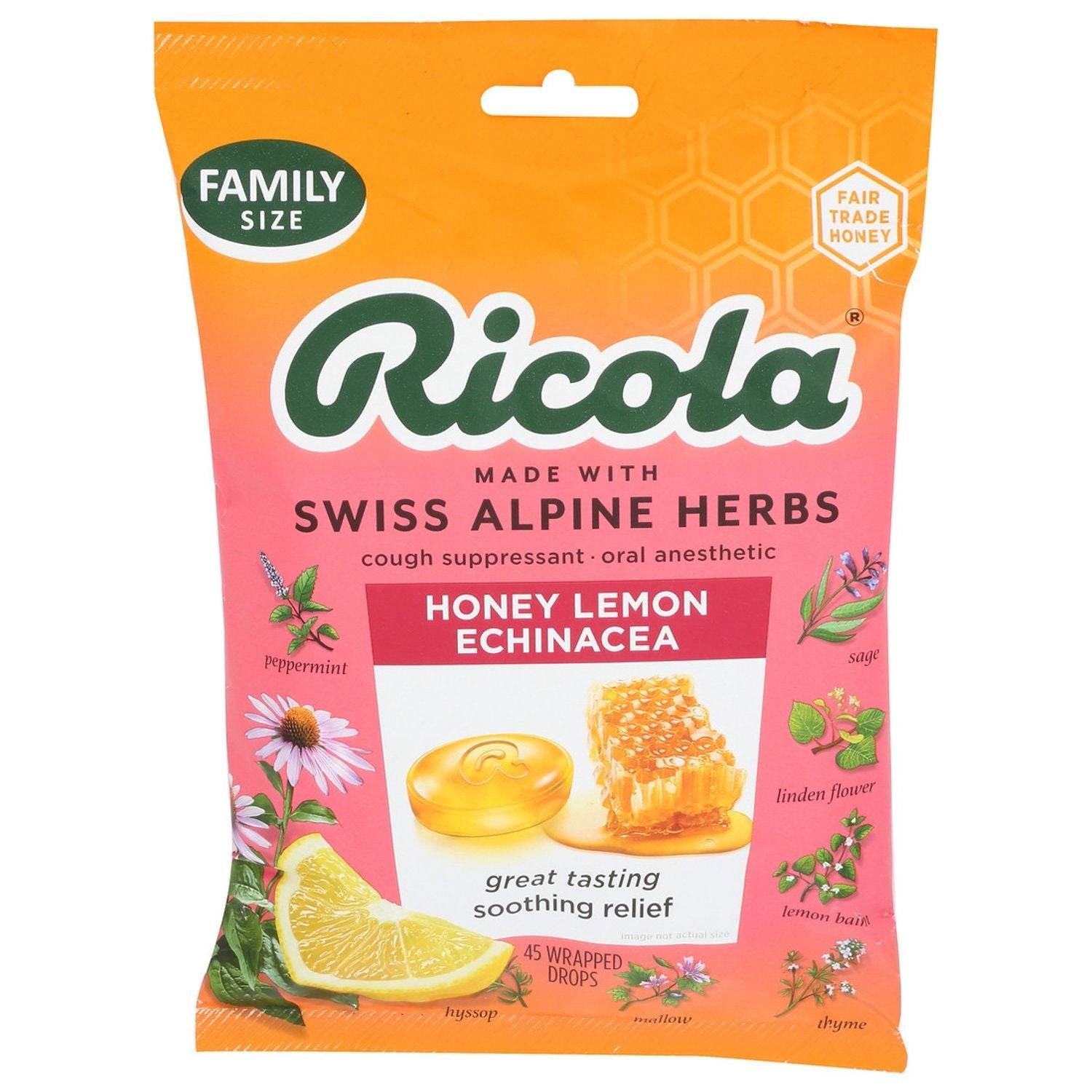 Ricola Natural Cough Drops Family Size, Honey Lemon Flavor with Echinacea, 45 count, CASE of 6