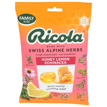 Ricola Natural Cough Drops Family Size, Honey Lemon Flavor with Echinacea, 45 count, CASE of 6