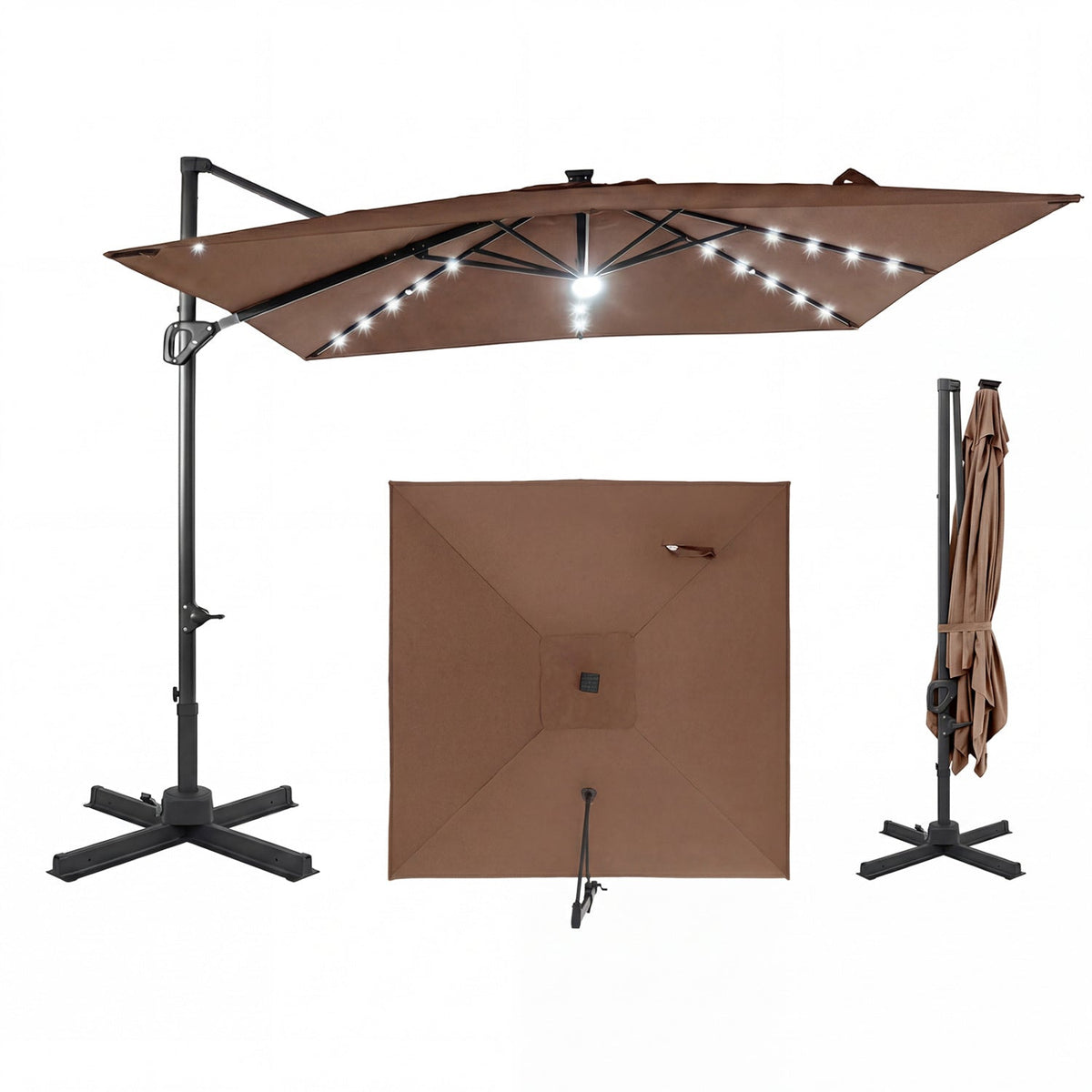 10 FT Cantilever Patio Umbrella with Solar LED Lights for Pool and Garden