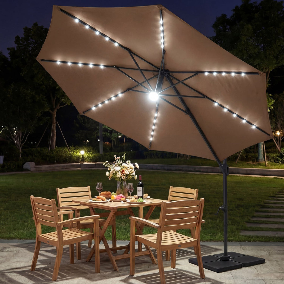 10 FT Cantilever Patio Umbrella with Solar LED Lights 360° Rotation