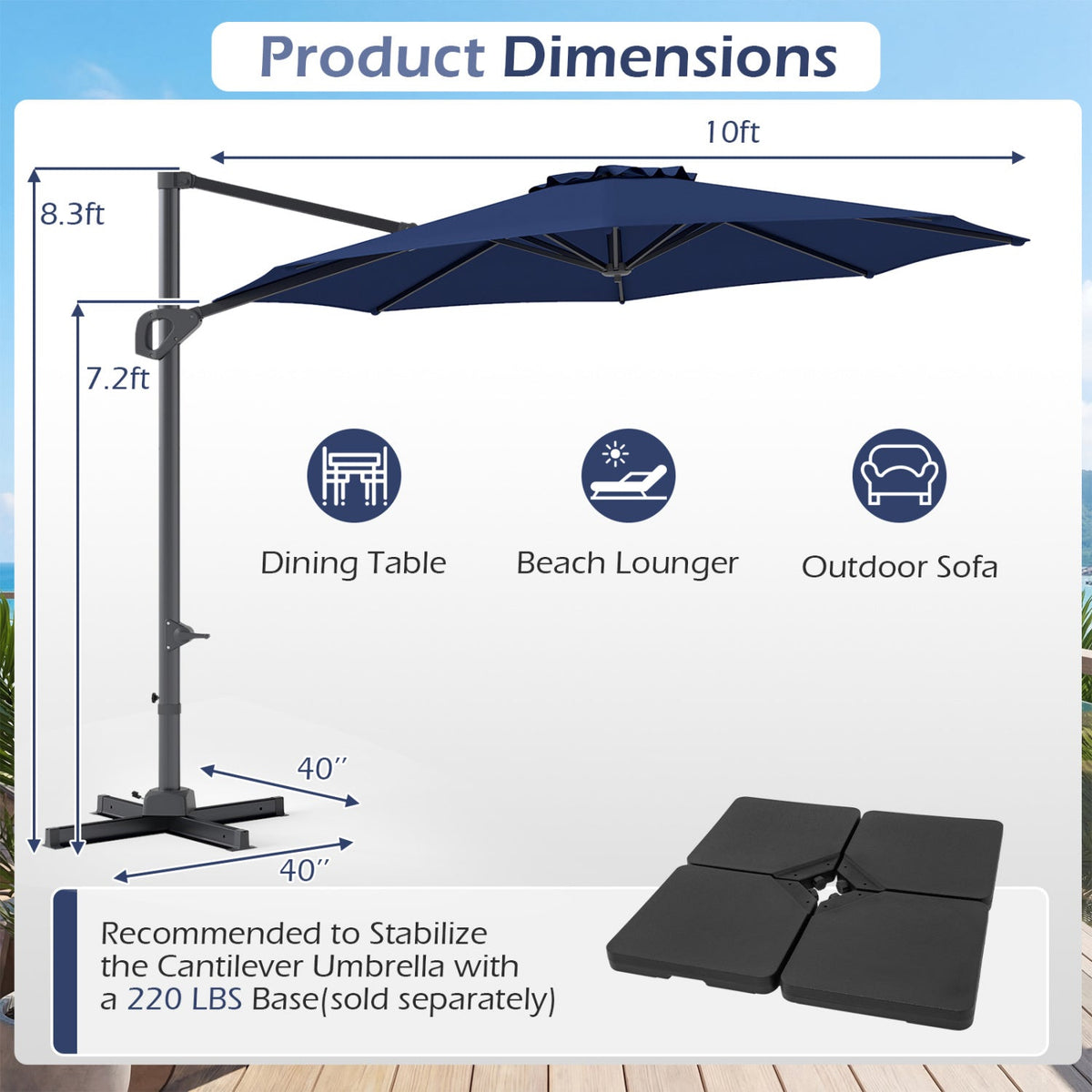 10 Feet Patio Cantilever Umbrella with Easy Tilt Adjustment