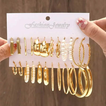 12-Pairs: Gold Hoop Earrings with Faux Pearl Decor Set