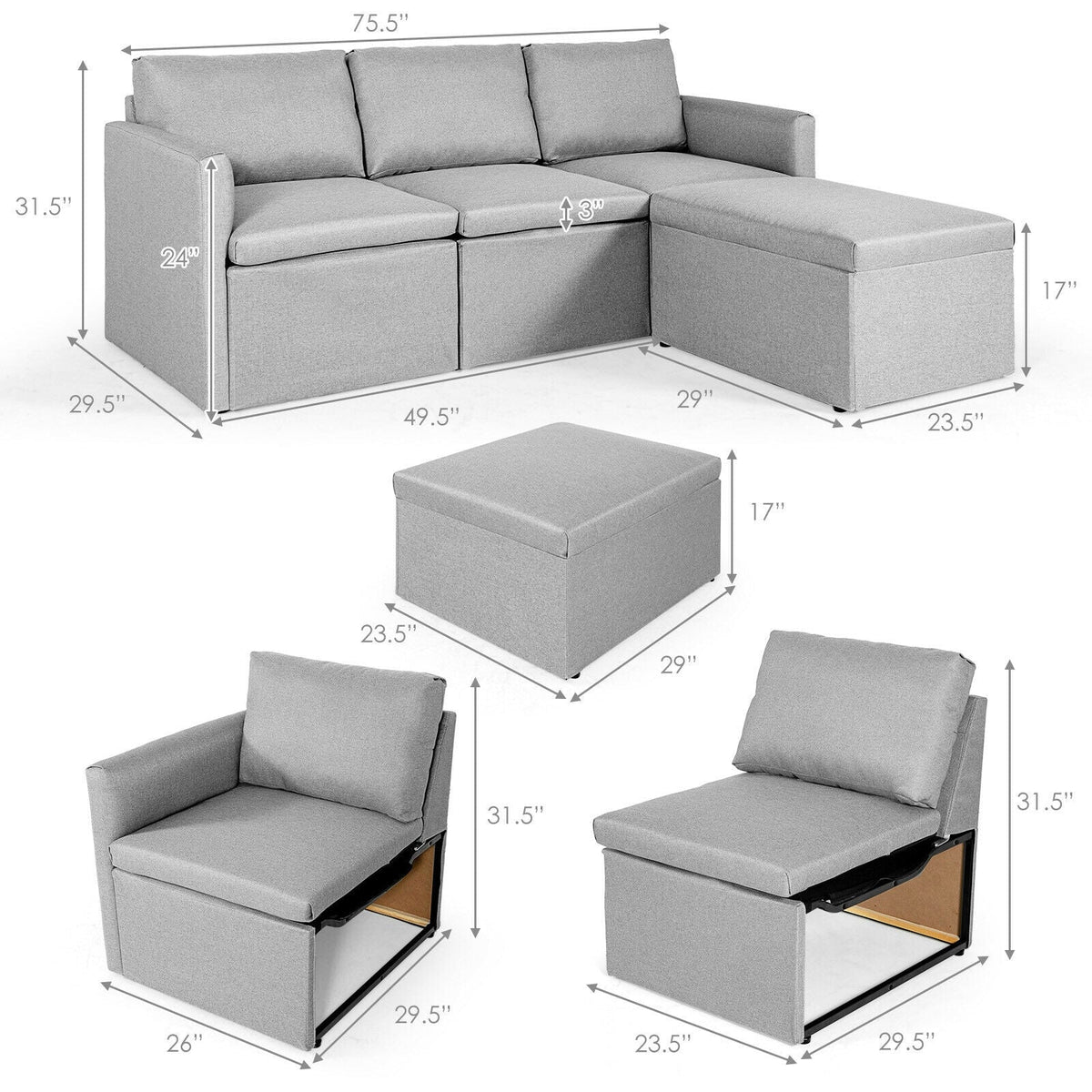 Convertible L-Shaped Sectional Sofa Couch with Reversible Chaise