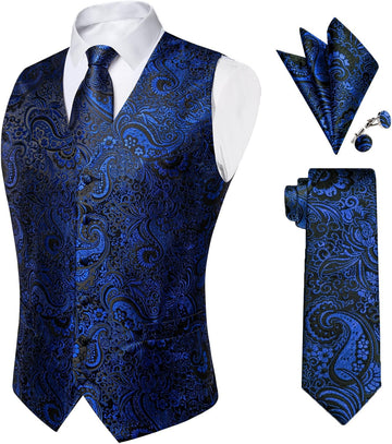 YourTies Royal Blue Paisley Silk Vest Waistcoat Tie Pocket Square Set