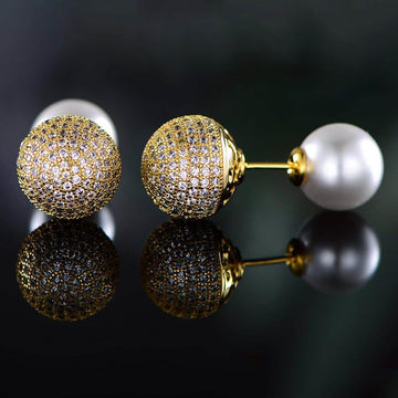 18K Gold Plated Pearl and Swarovski Crystal Ball Front-Back Earrings