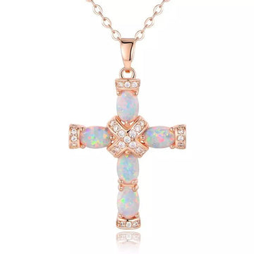 18K Rose Gold Plating & Fire Cross Pendant - Religious Jewelry