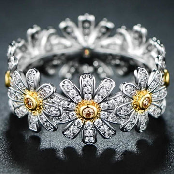 18K White Gold Plated Floral Sunflower Ring Made with Swarovski Crystals