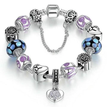 18kt White Gold Plated Murano Glass And Heart Charm Bracelet