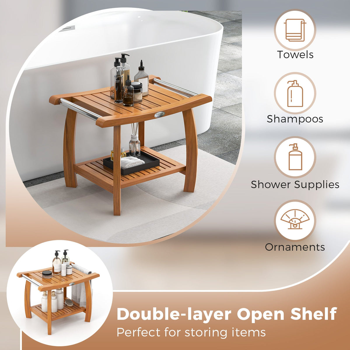 2-Tier Teak Wood Shower Bench Shower Stool with Curved Seat and Handles