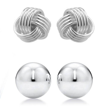 2-Pairs: Sterling Silver Love Knot and Ball Stud Earring Set