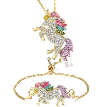 2-Piece Set: Rainbow-Colored Unicorn Necklace and Bracelet