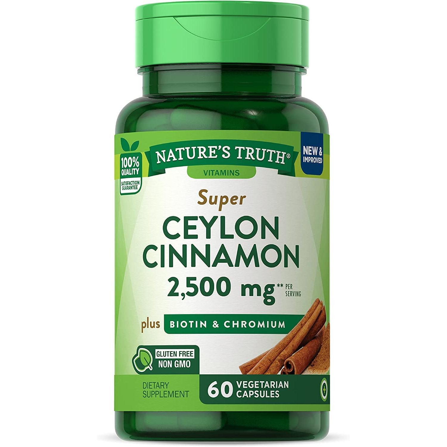 Nature's Truth Super Ceylon Cinnamon 2,500mg Plus Biotin & Chromium Vegetarian Capsules 60ct