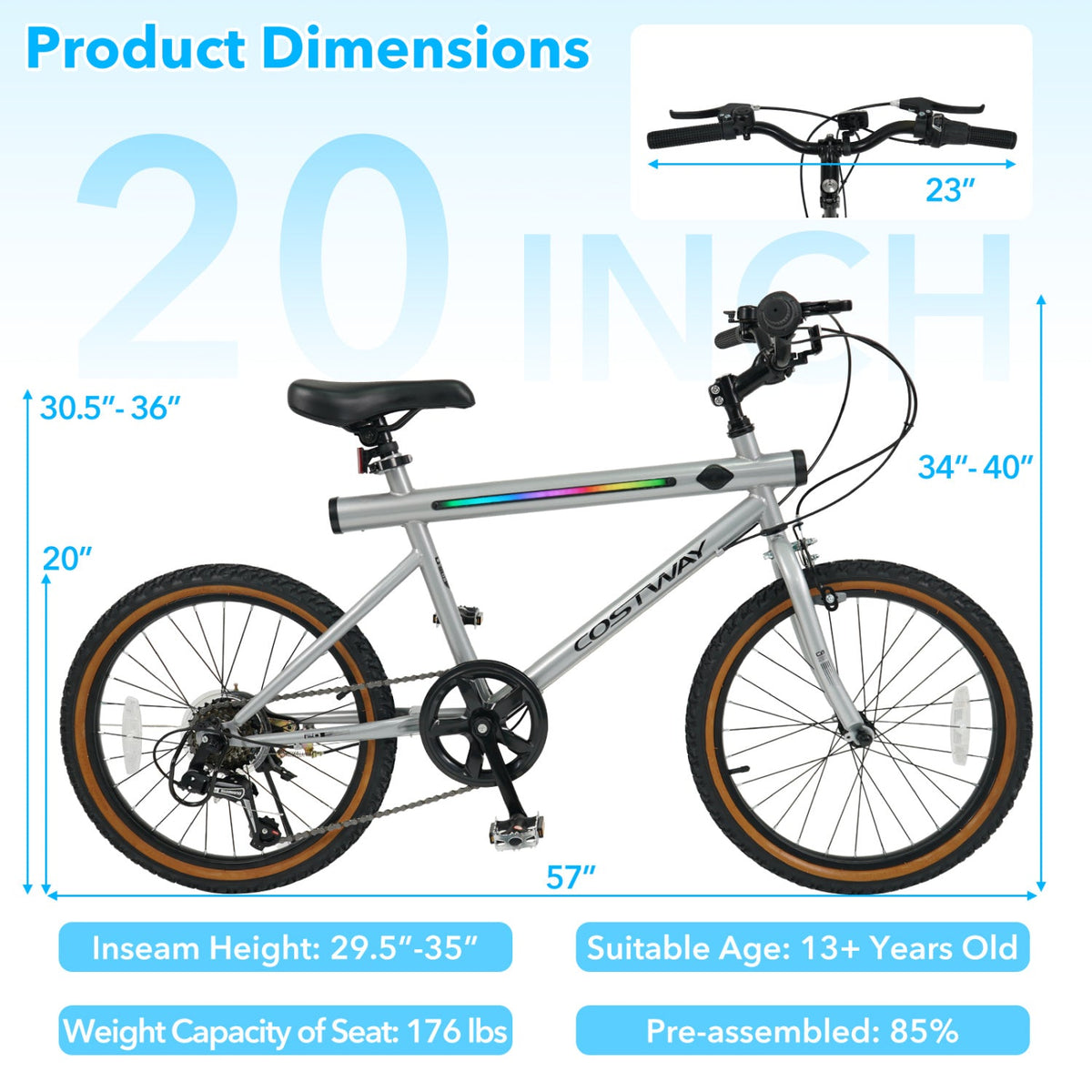 20 Inch LED-lit Cycling Bike with 2 Speakers and Ambient Lights for Men and Women