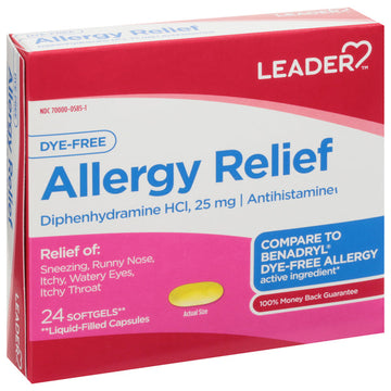 Leader Allergy Relief, Dye-Free 25mg Diphenhydramine HCl, 24 Liqui-Softgels