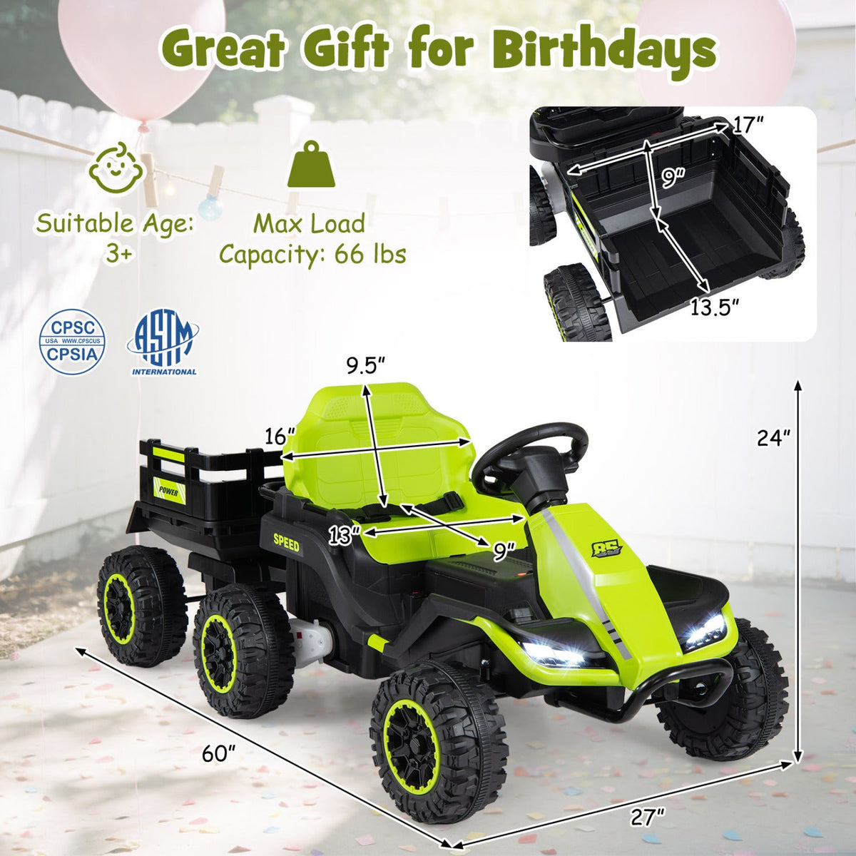 24V Ride on Tractor with Detachable Trailer and Music for Boys Girls