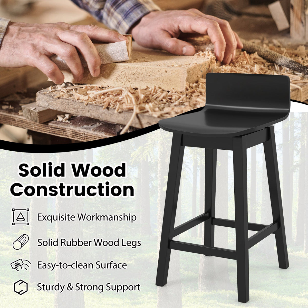 24.5 Inch Swivel Wooden Bar Stools Set of 4 with Rubber Wood Legs and Low Back