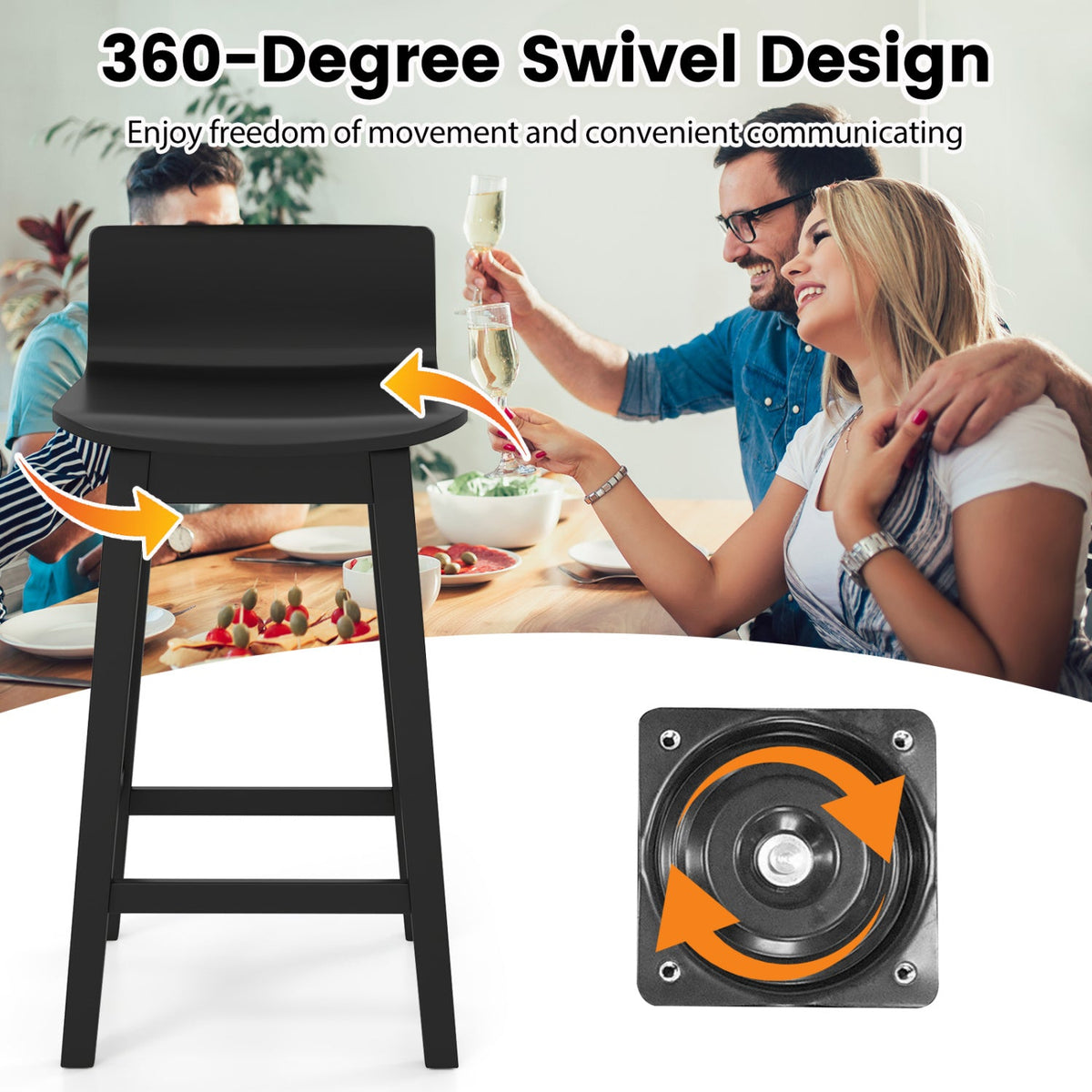 24.5 Inch Swivel Wooden Bar Stools Set of 4 with Rubber Wood Legs and Low Back