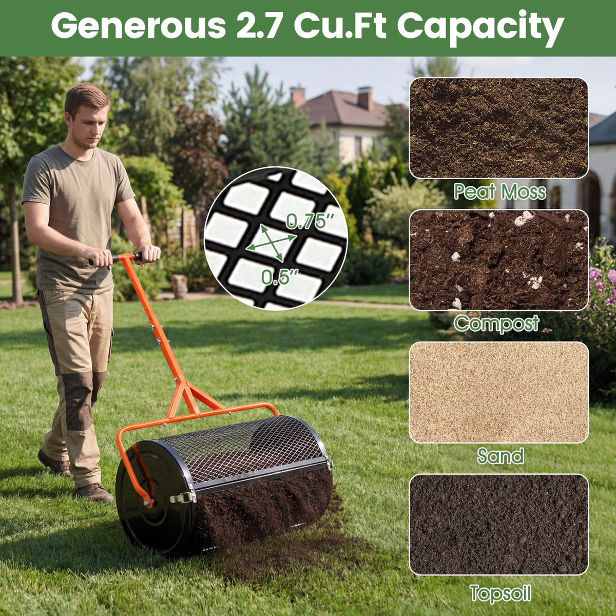 24 Inch Compost Spreader Peat Moss Spreader Roller with Height-Adjustable T-Shaped Handle