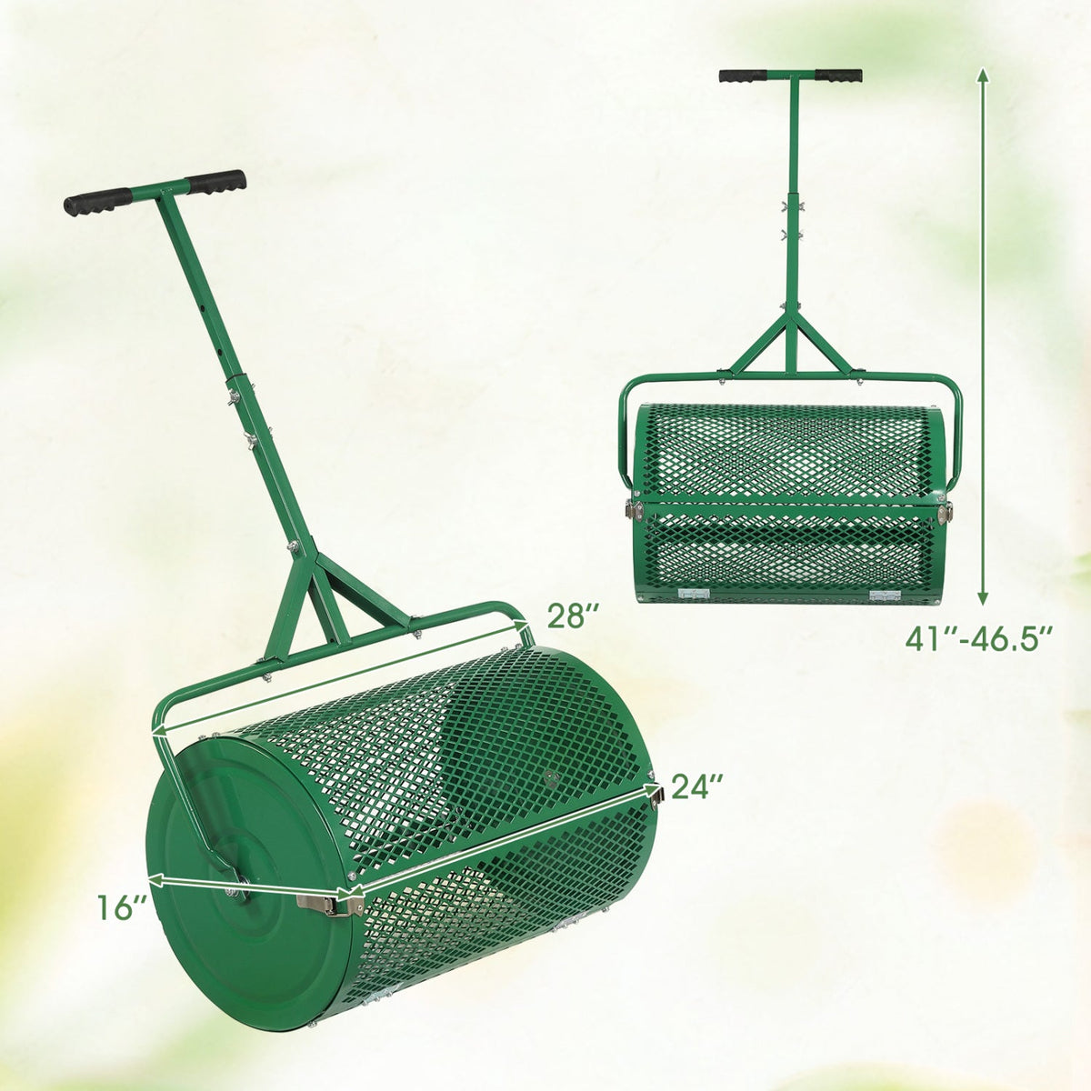 24 Inch Compost Spreader Peat Moss Spreader Roller with Height-Adjustable T-Shaped Handle