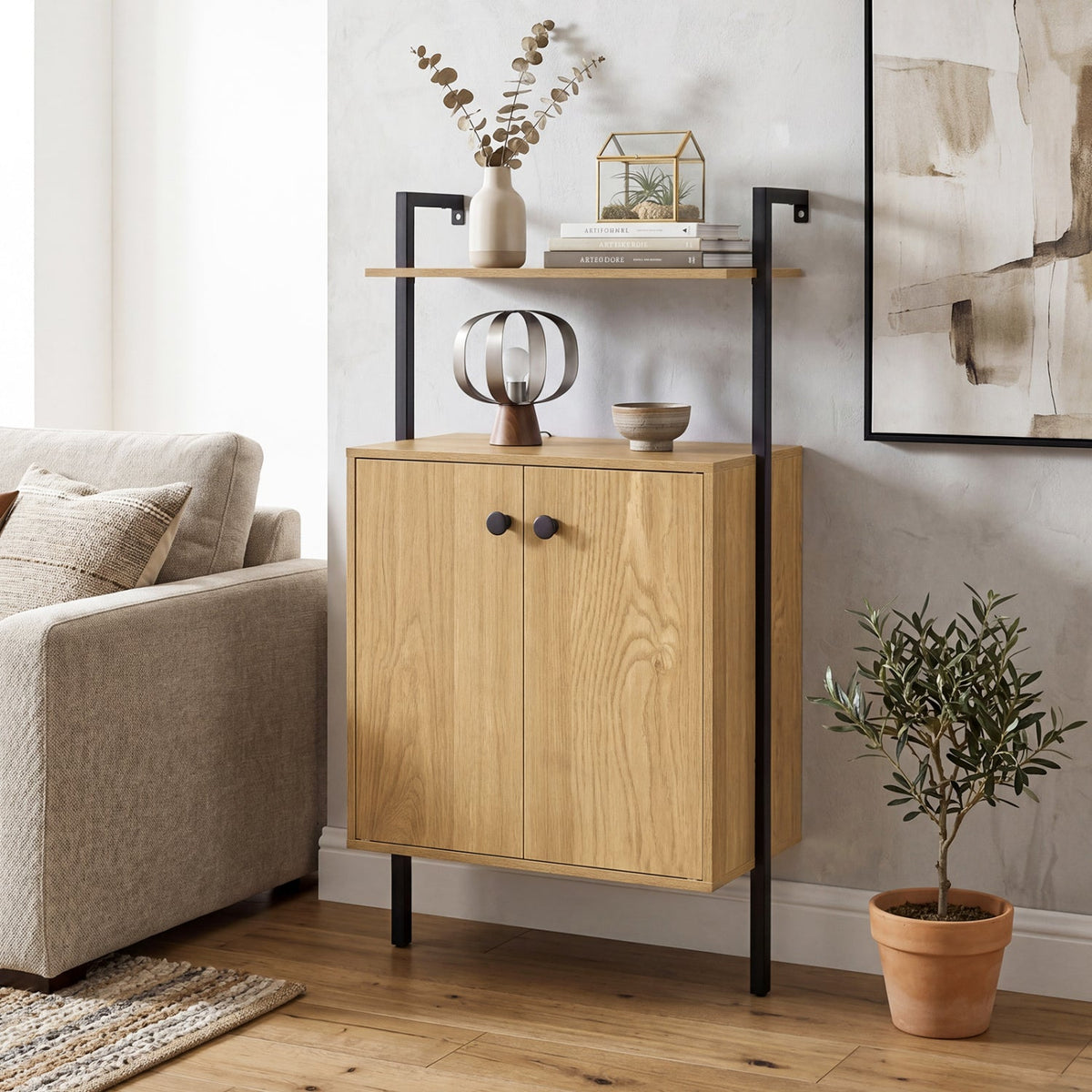 2-Door Wall Mount Bookshelf with Storage Cabinet