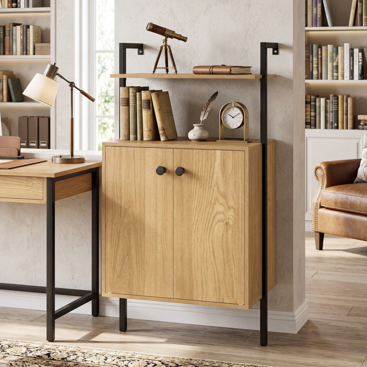 2-Door Wall Mount Bookshelf with Storage Cabinet
