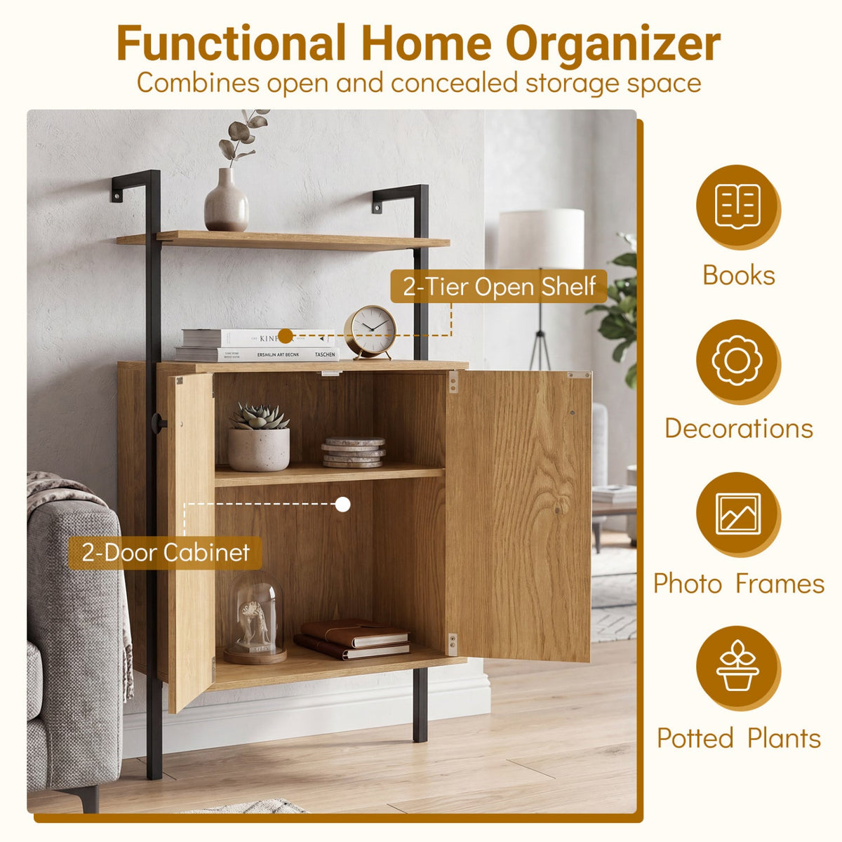 2-Door Wall Mount Bookshelf with Storage Cabinet