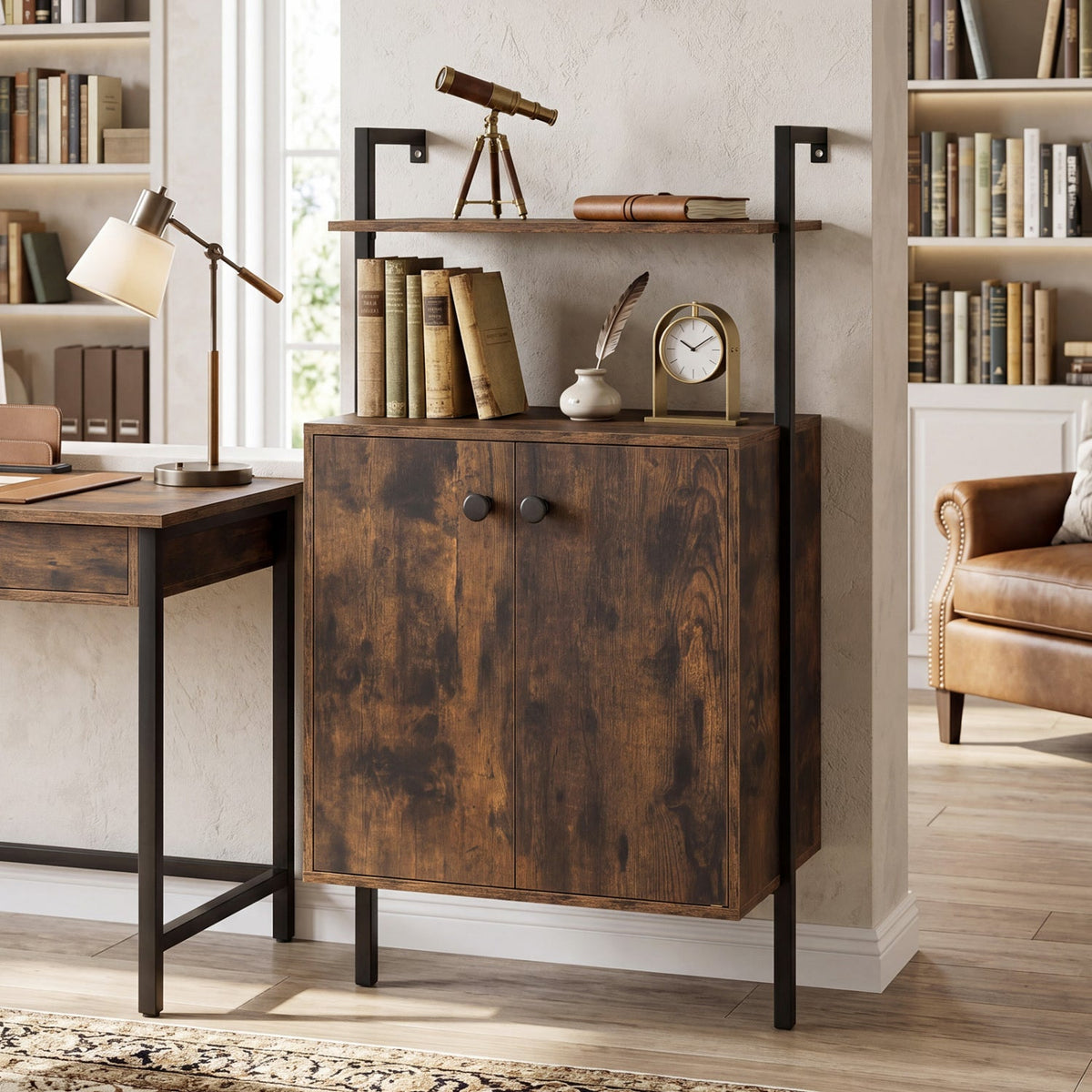 2-Door Wall Mount Bookshelf with Storage Cabinet