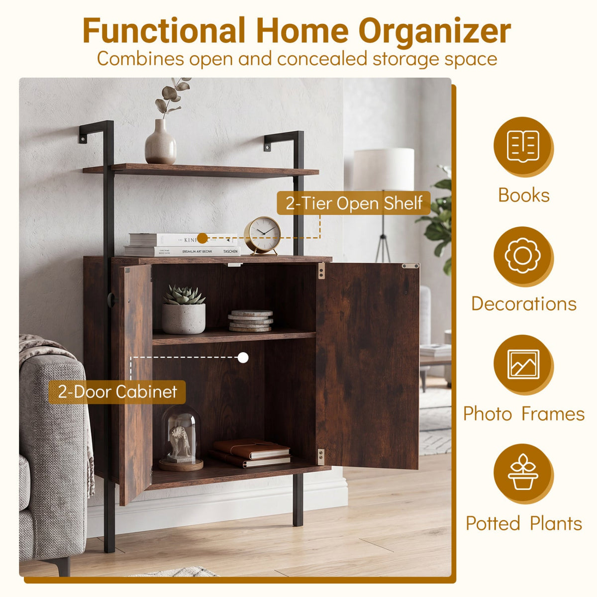 2-Door Wall Mount Bookshelf with Storage Cabinet