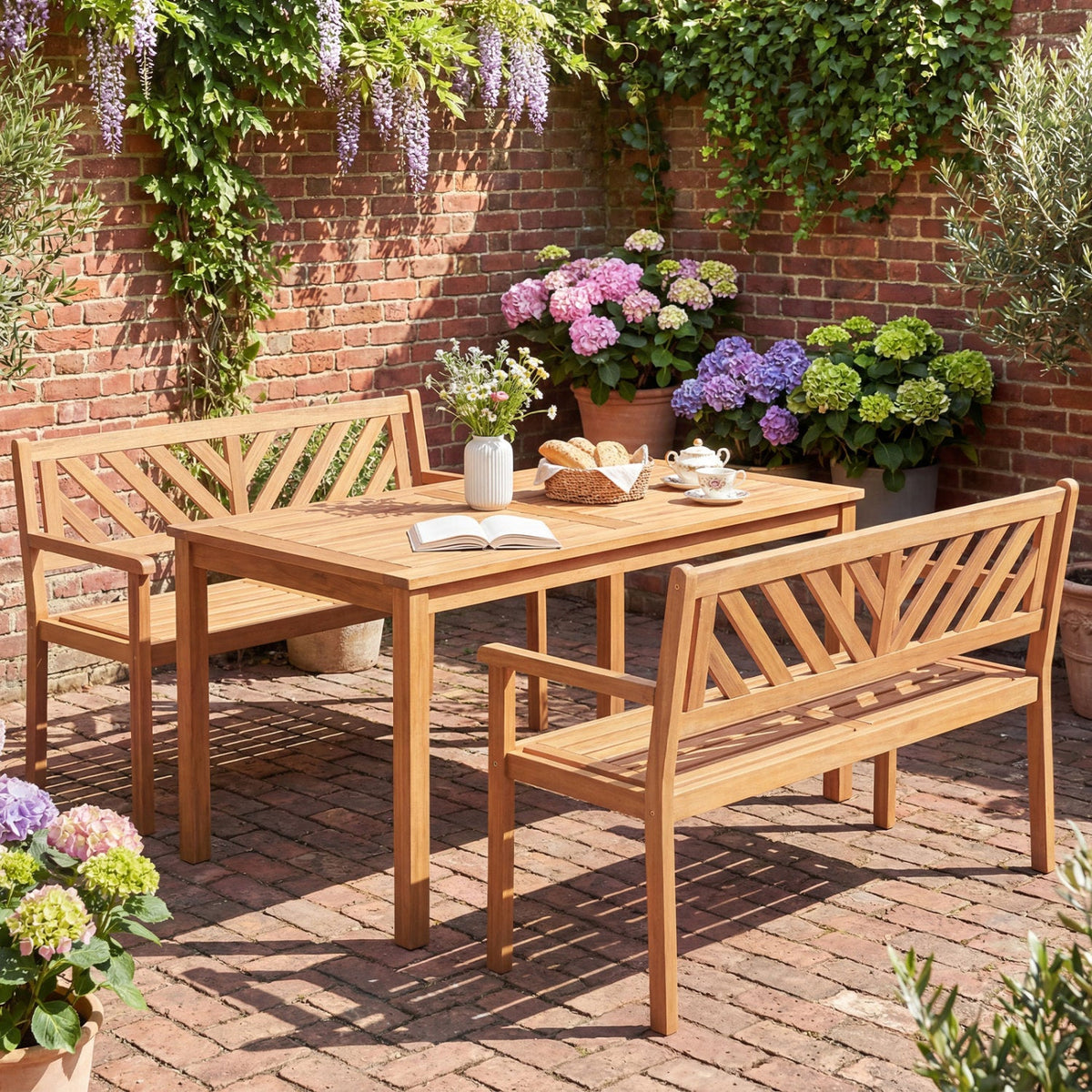 2-Person Patio Acacia Wood Garden Chair with Armrests and Backrest for Porch