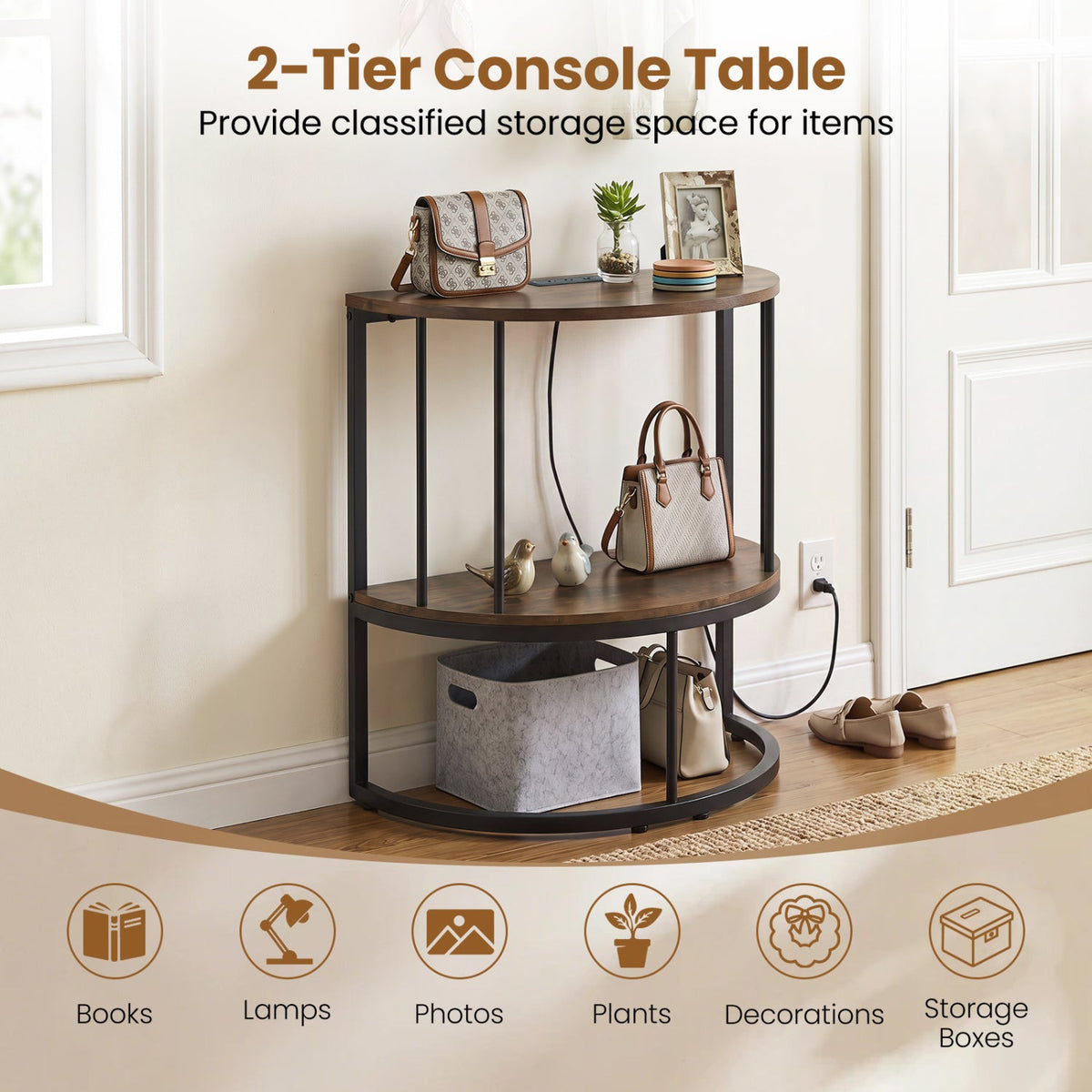Half Moon Console Table with Power Outlets & Storage Shelf