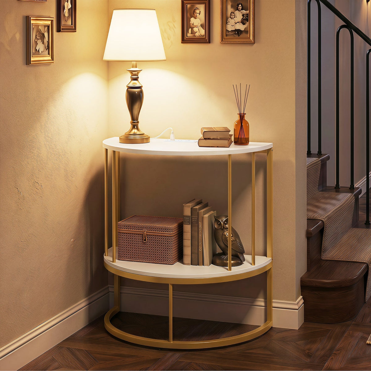 Half Moon Console Table with Power Outlets & Storage Shelf