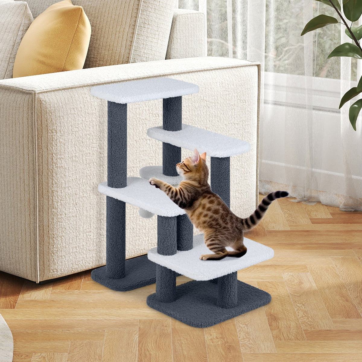 2-in-1 Cat Stairs Cat Tree Tower with Scratching Posts and Hanging Toy Ball-Gray