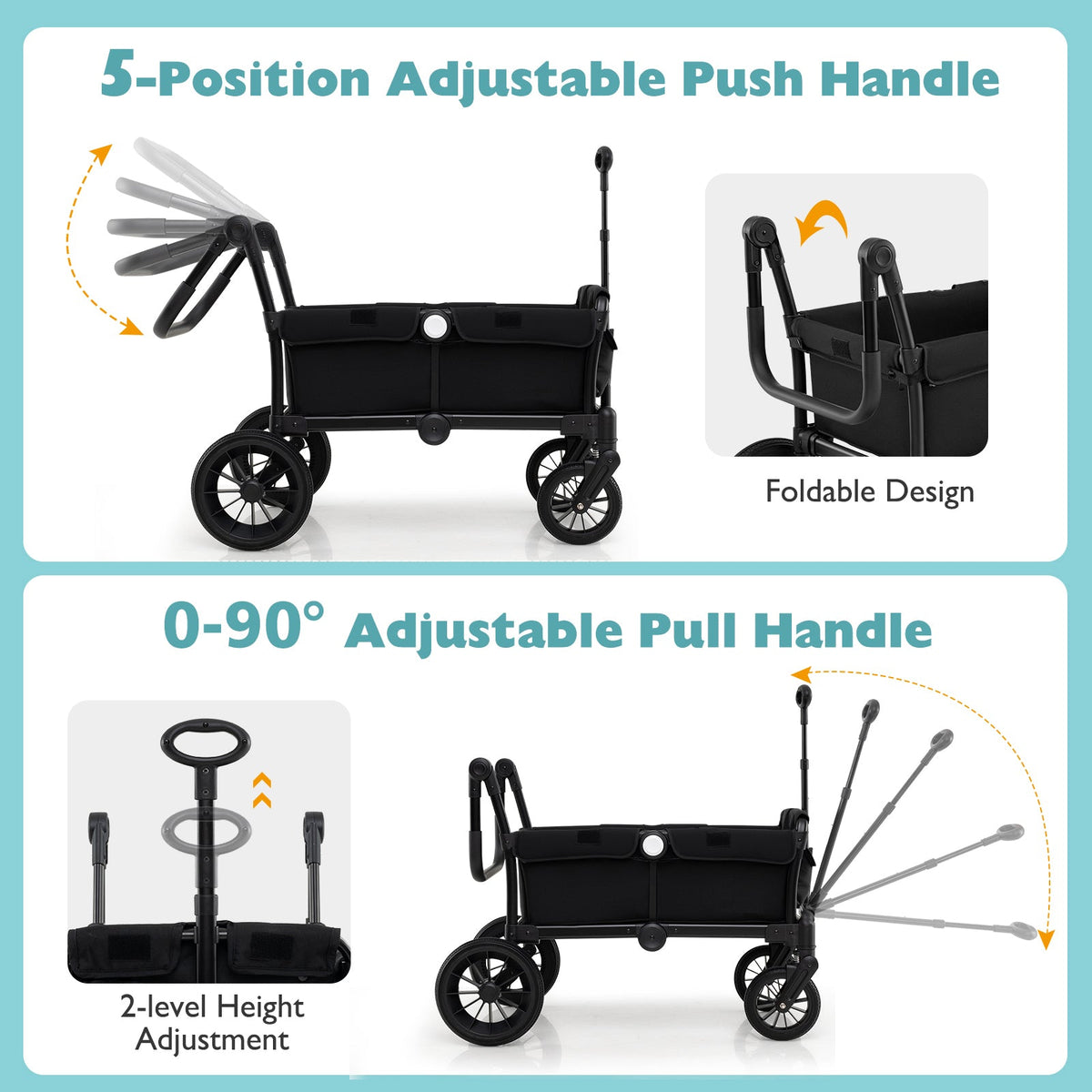 2 Seater Push Pull Collapsible Kids Wagon Stroller with Adjustable Handlebars