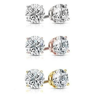 3-Pair: Gold Plated Round Cut Crystal Studs