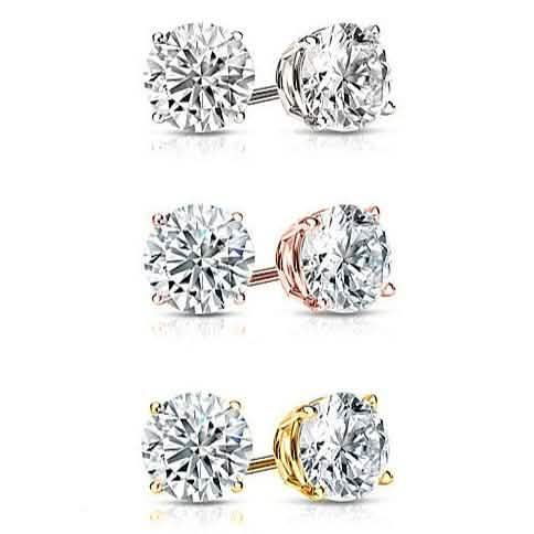 3-Pair: Gold Plated Round Cut Crystal Studs