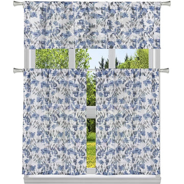 3-Piece: Chic Floral Pattern Semi-Sheer Kitchen Curtain Tier and Valance Set