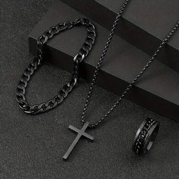 3-Piece Set: Fashion Versatile Dark Cross Stainless Steel Jewelry