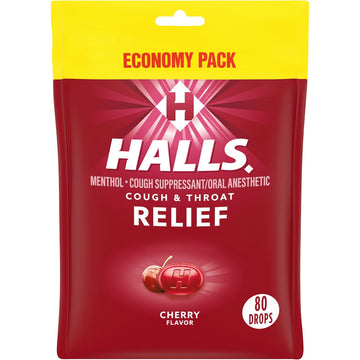 Halls Cough & Throat Relief, Cherry Flavor, Drops, Economy Pack