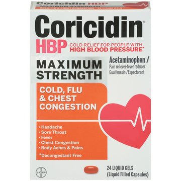 Coricidin HBP Maximum Strength Cold, Flu & Chest Congestion, 24 Liquid Gels