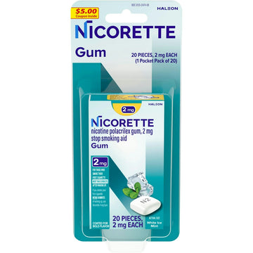 Nicorette 2mg Nicotine Gum Stop Smoking Aid, White Ice Mint, 20 Count
