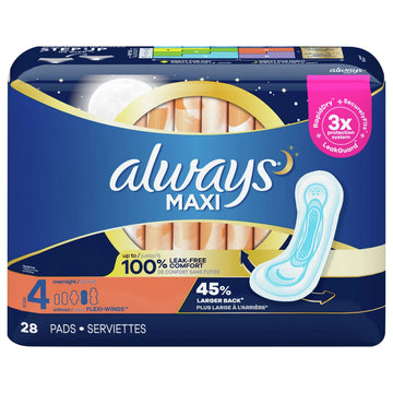 Always Maxi Size 4 Overnight Pads with Wings, 28-Count Pack of 6