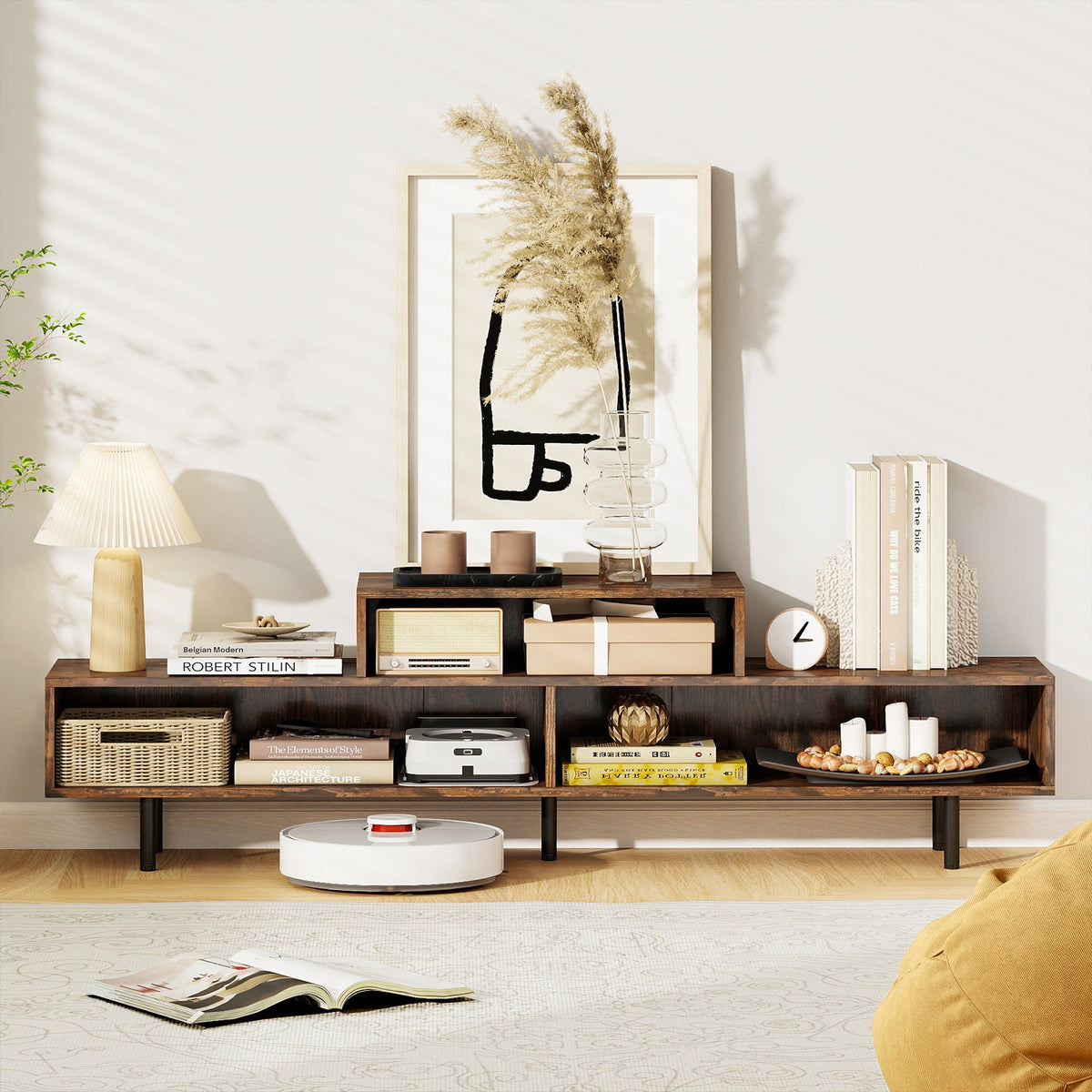 3 Cubby TV Stand for TVs up to 70 Inch with Open Storage Compartments