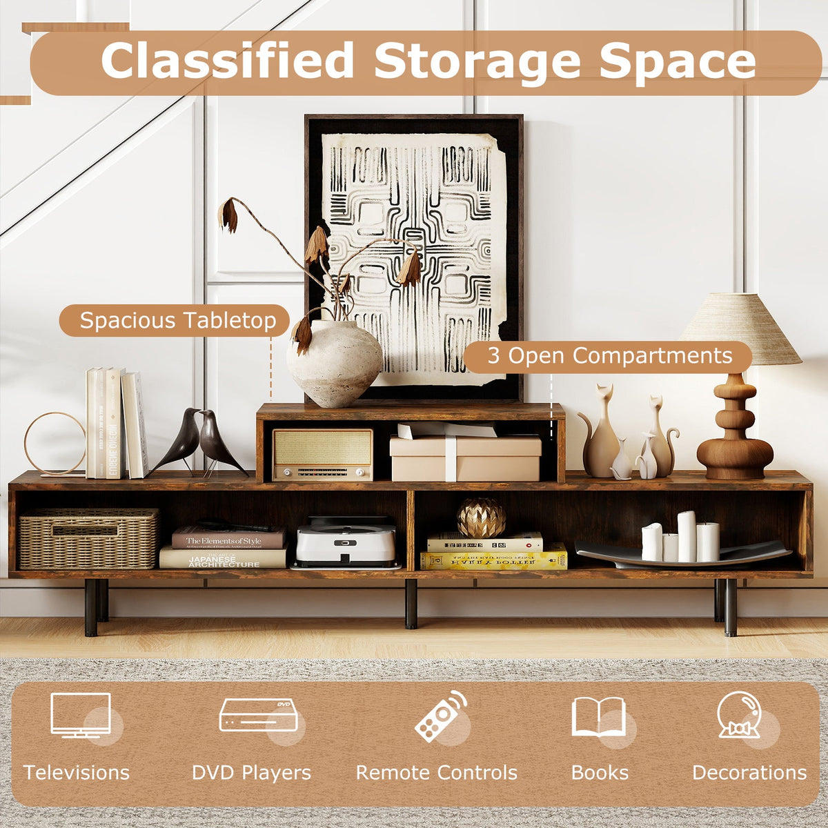 3 Cubby TV Stand for TVs up to 70 Inch with Open Storage Compartments
