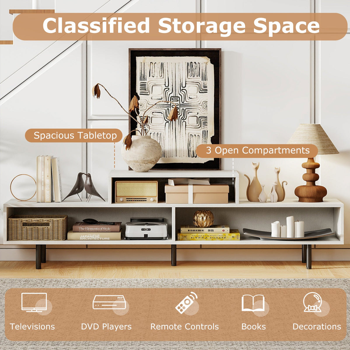 3 Cubby TV Stand for TVs up to 70 Inch with Open Storage Compartments