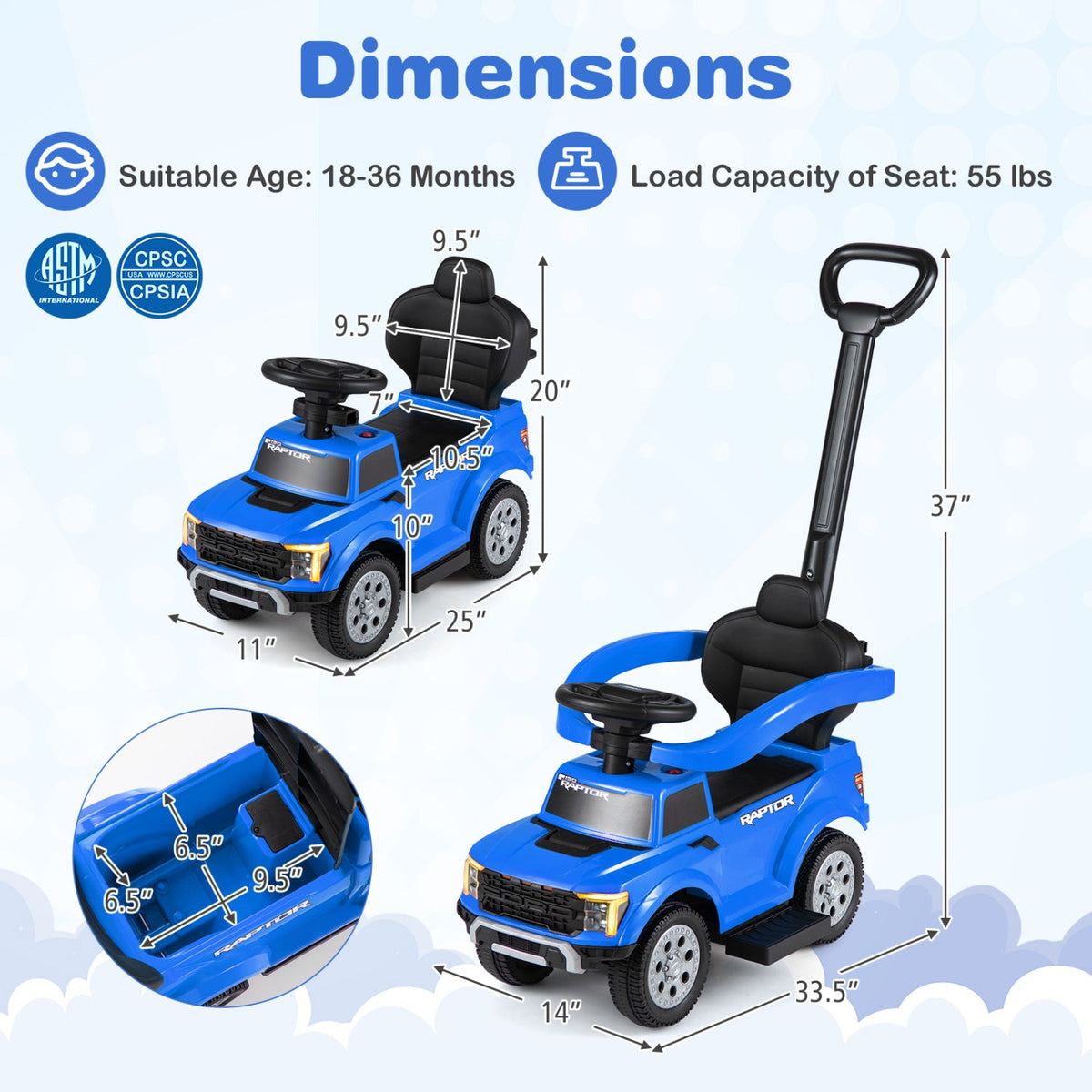 3-In-1 Licensed Ford Push Car for Toddlers