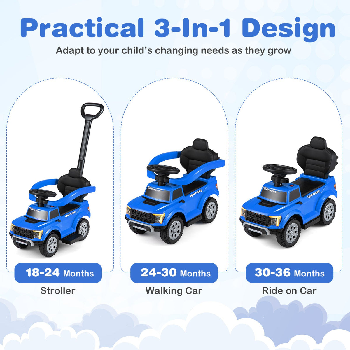 3-In-1 Licensed Ford Push Car for Toddlers