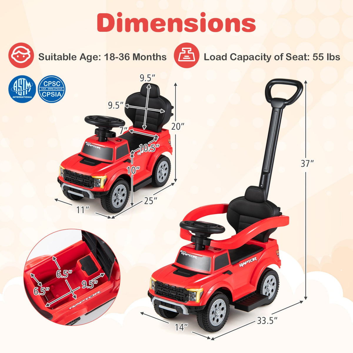 3-In-1 Licensed Ford Push Car for Toddlers