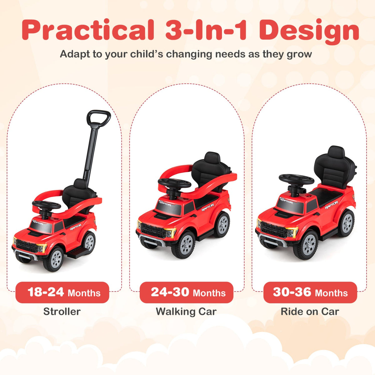 3-In-1 Licensed Ford Push Car for Toddlers