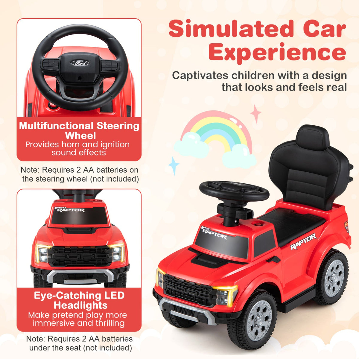 3-In-1 Licensed Ford Push Car for Toddlers