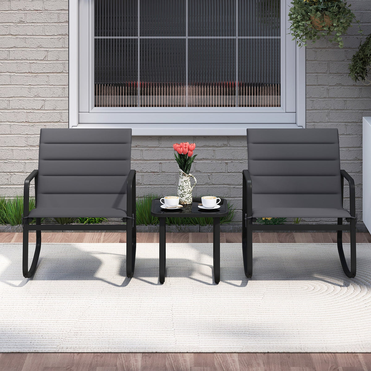 3 Piece Outdoor Rocking Bistro Set Porch Rocker Chairs with Tempered Glass Table-Gray